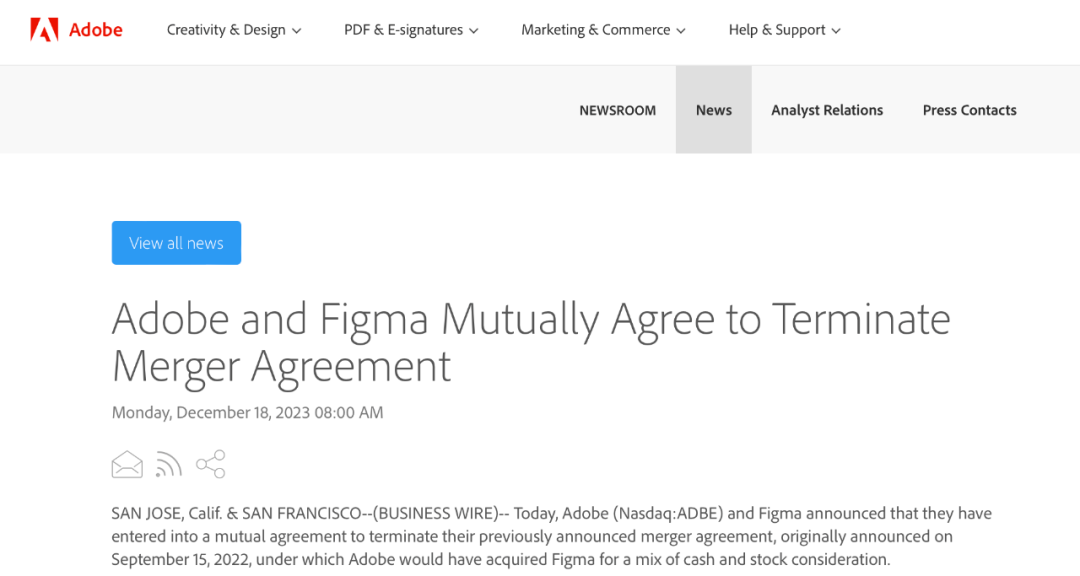 Adobe和Figma同意终止合并协议
